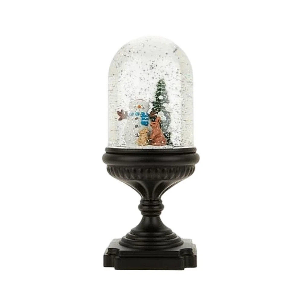 Musical Lighted Snowman & Woodland Bunnies Snow Globe on Black Pedestal Base